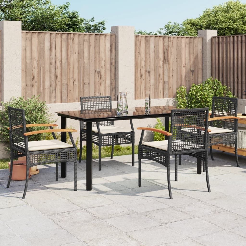 Design 5-tlg. Garten-Essgruppe mit Kissen Schwarz Poly Rattan, Gartenmöbel-Sets 2024 Neu