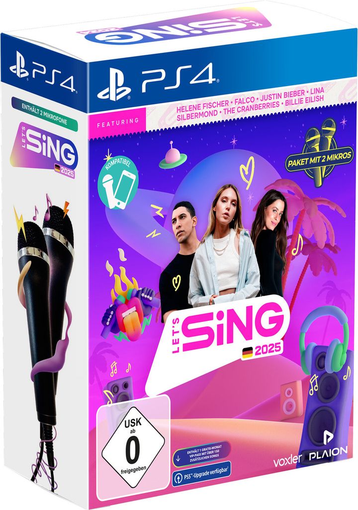 The image shows the front of a video game box for 'Let's Sing 2025' with two microphones. The box features images of three people singing, game title, and artist names.