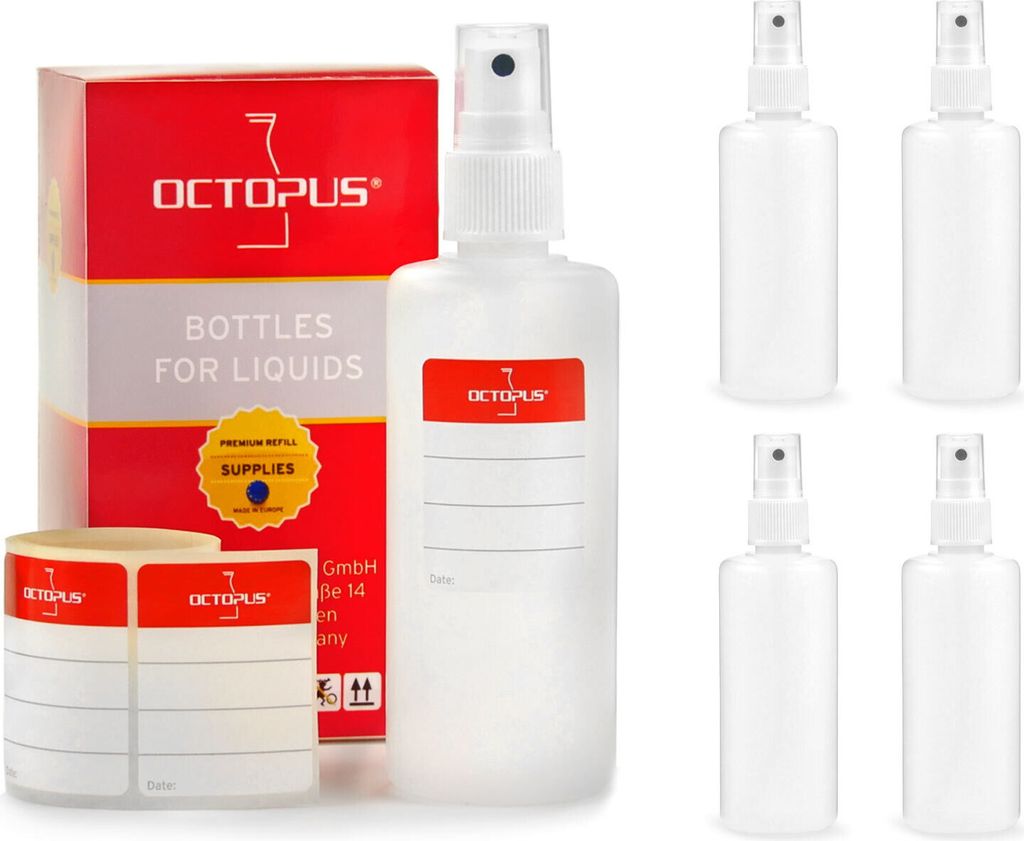 5 Plastikflaschen 100 ml aus HDPE, natur, G18, Fingerzerstäuber aus PP, weiß, klare Überkappe
