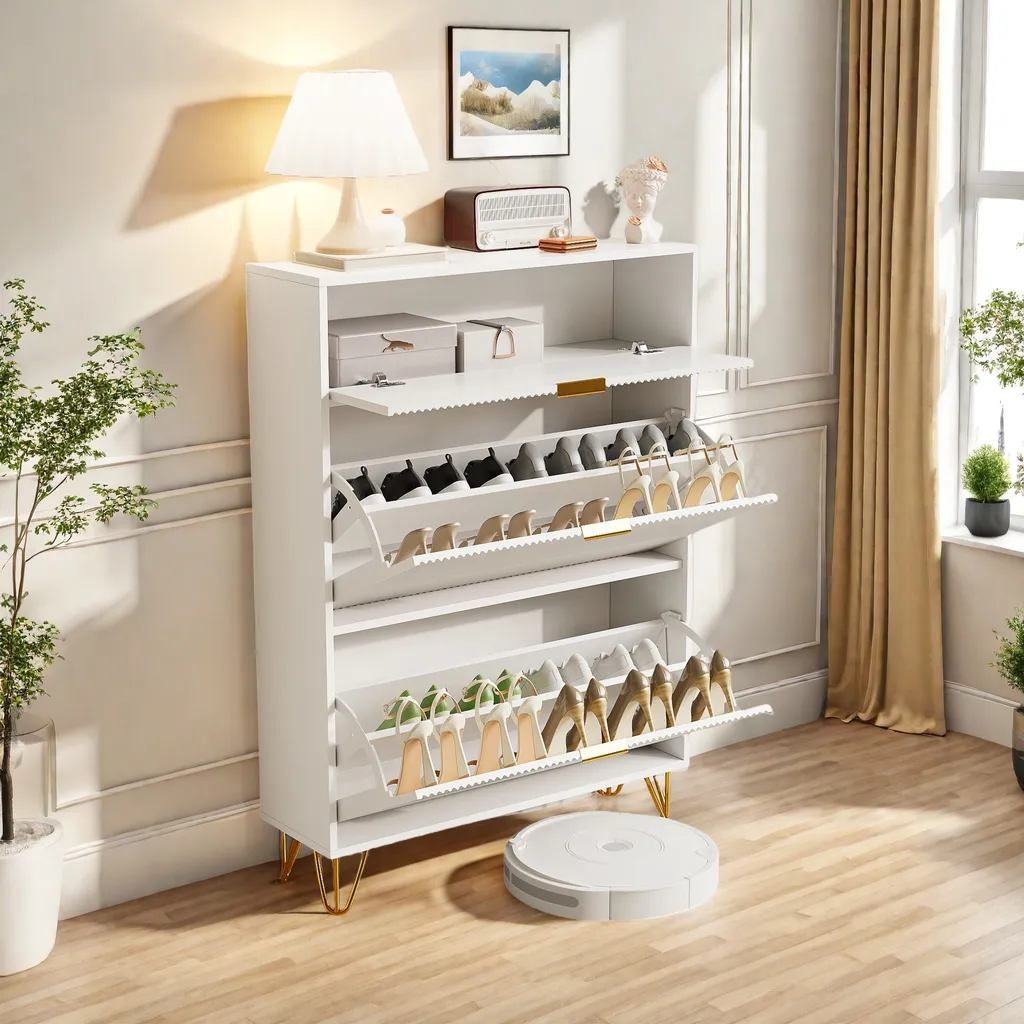 Scarpiera cassettiera, cassettiera corridoio cassettiera scarpiera stretta, scarpiera con 2 ripiani pieghevoli per scarpe, bianco
