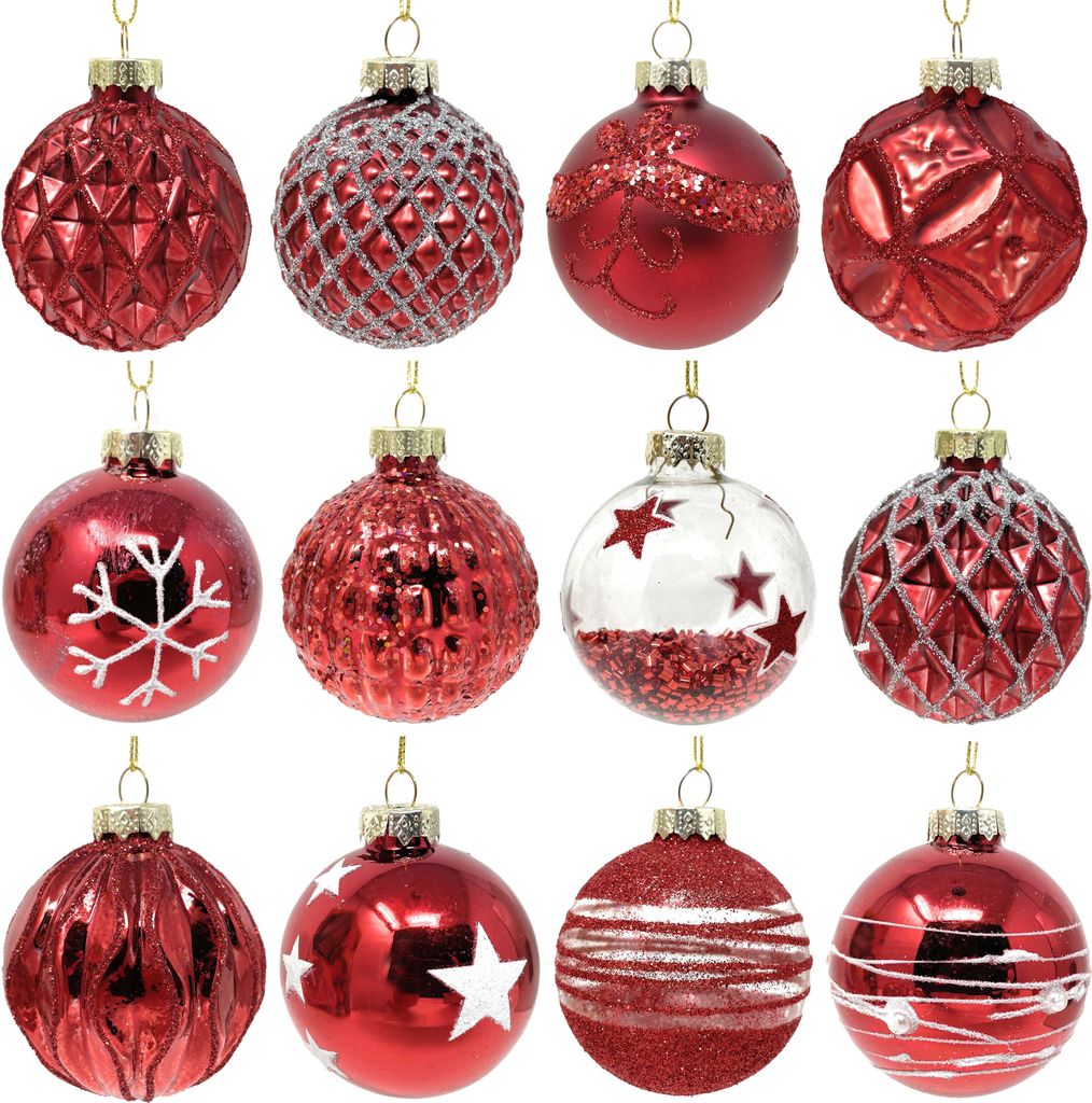 A collection of twelve red glass Christmas ornaments arranged in two rows of six.