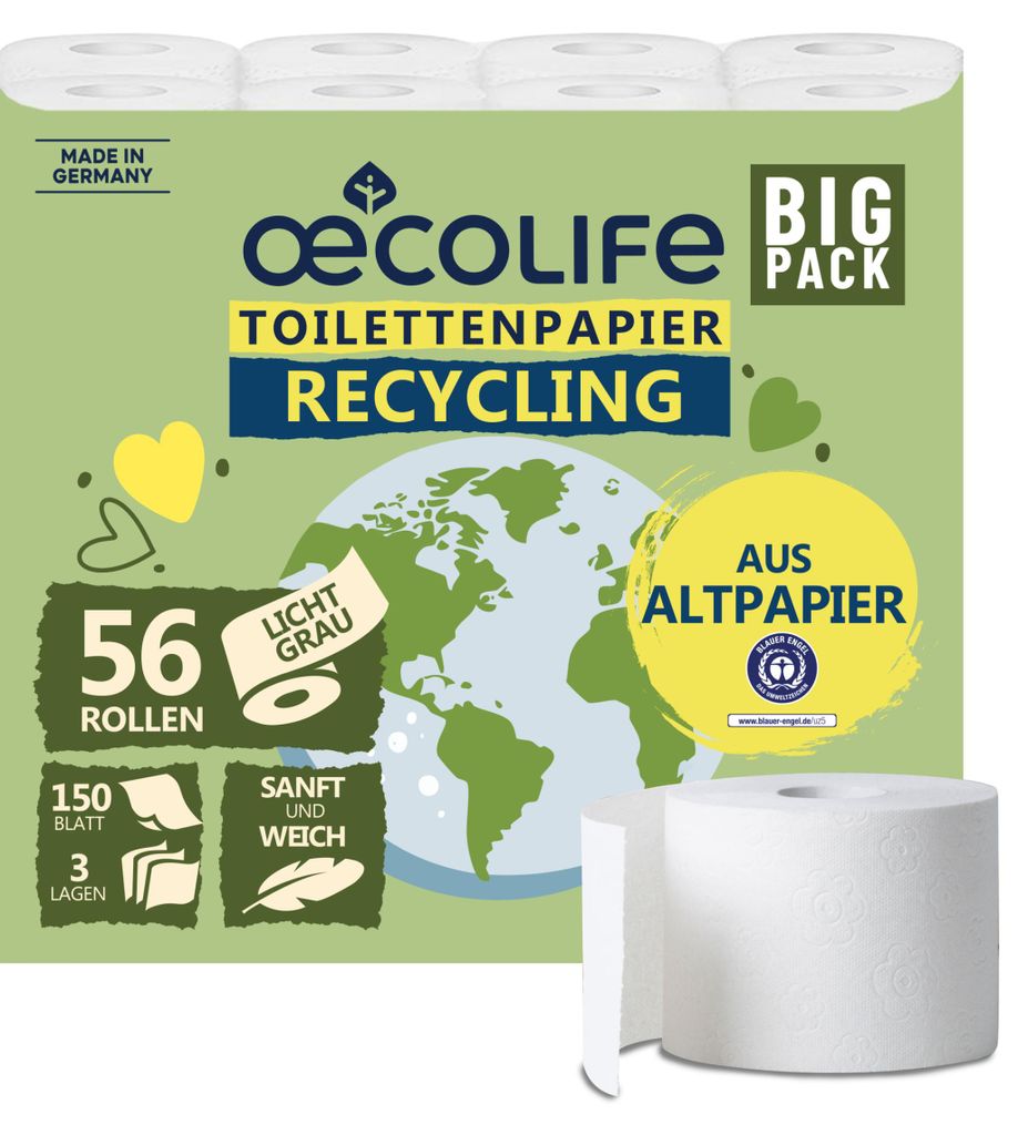 oecolife Toilettenpapier RECYCLING, 3-lagig, 56x150 Blatt Produktbild 