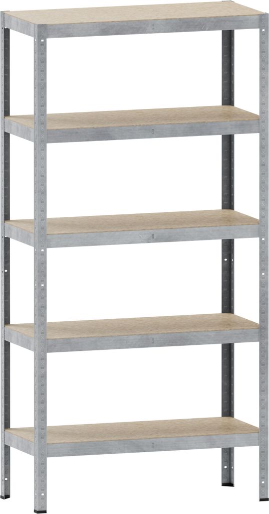A metal shelving unit with five shelves.