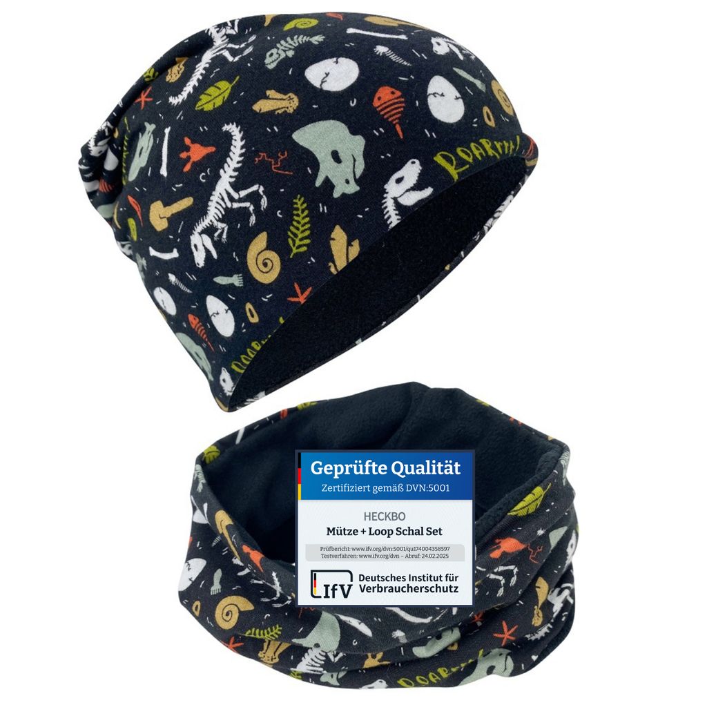 HECKBO Kinder Jungen Beanie Mütze & Loop-Schal Set Fleece Vlies - Mütze Wintermütze Dinosaurier Skelett - 2-8 Jahren - 95% Baumwolle - weiches &...