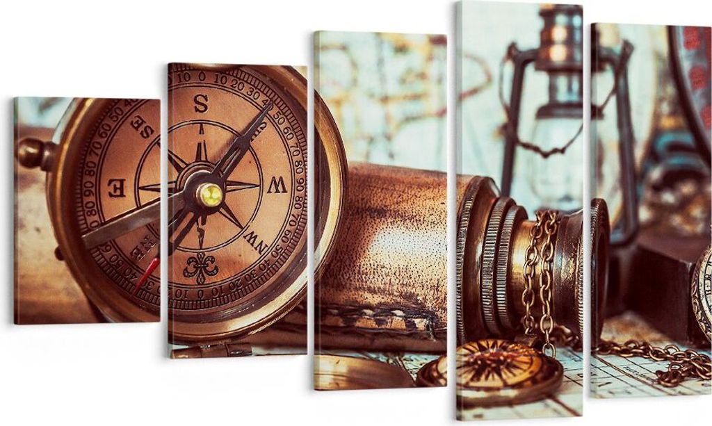 Bild auf Leinwand - Leinwandbild - Kompass Teleskop Abenteuer antik - 100x60cm - Wand Bild - Wanddeko - Leinwanddruck - Bilder - Kunstdruck - Leinw...