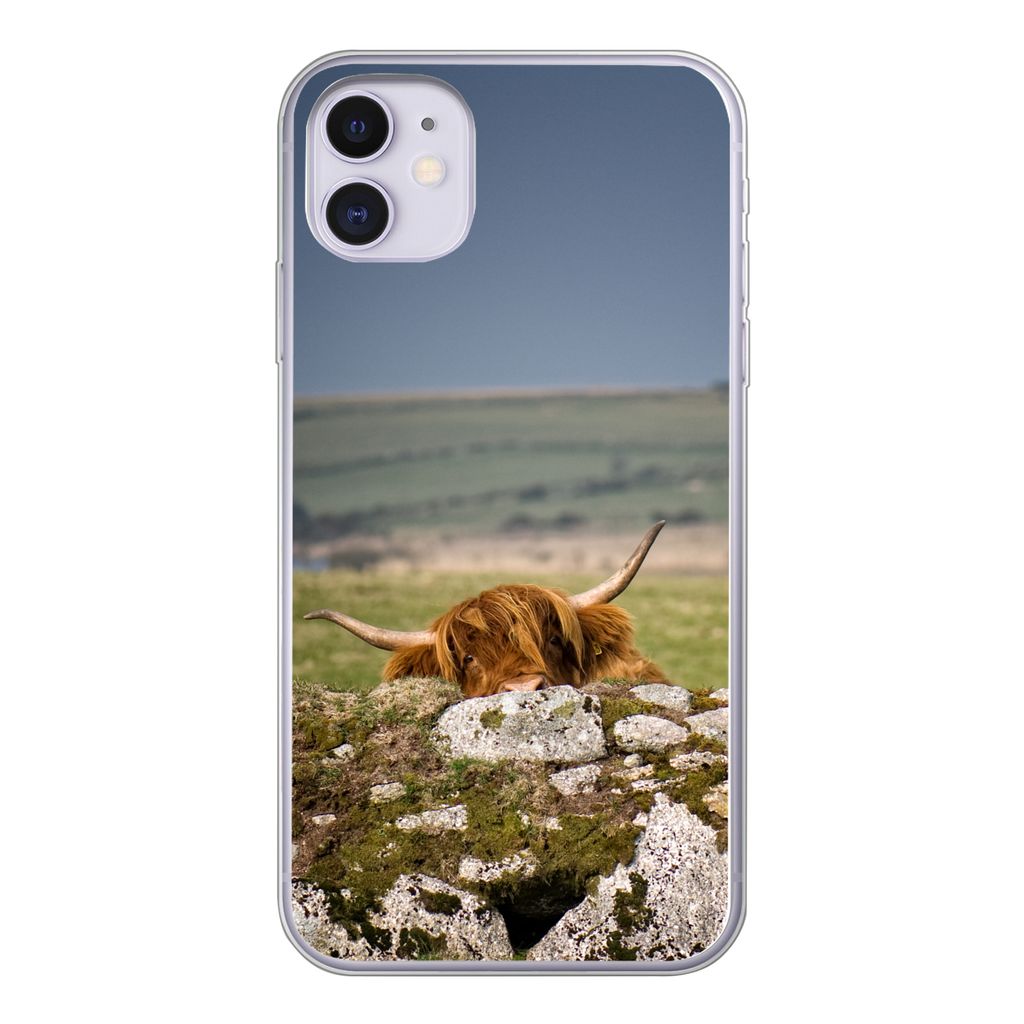 MuchoWow Handyhülle Schutzhülle Hülle für iPhone 11 Schottische Highlander - Steine - Gras Silikon Softcase Handy Hülle - Handytasche