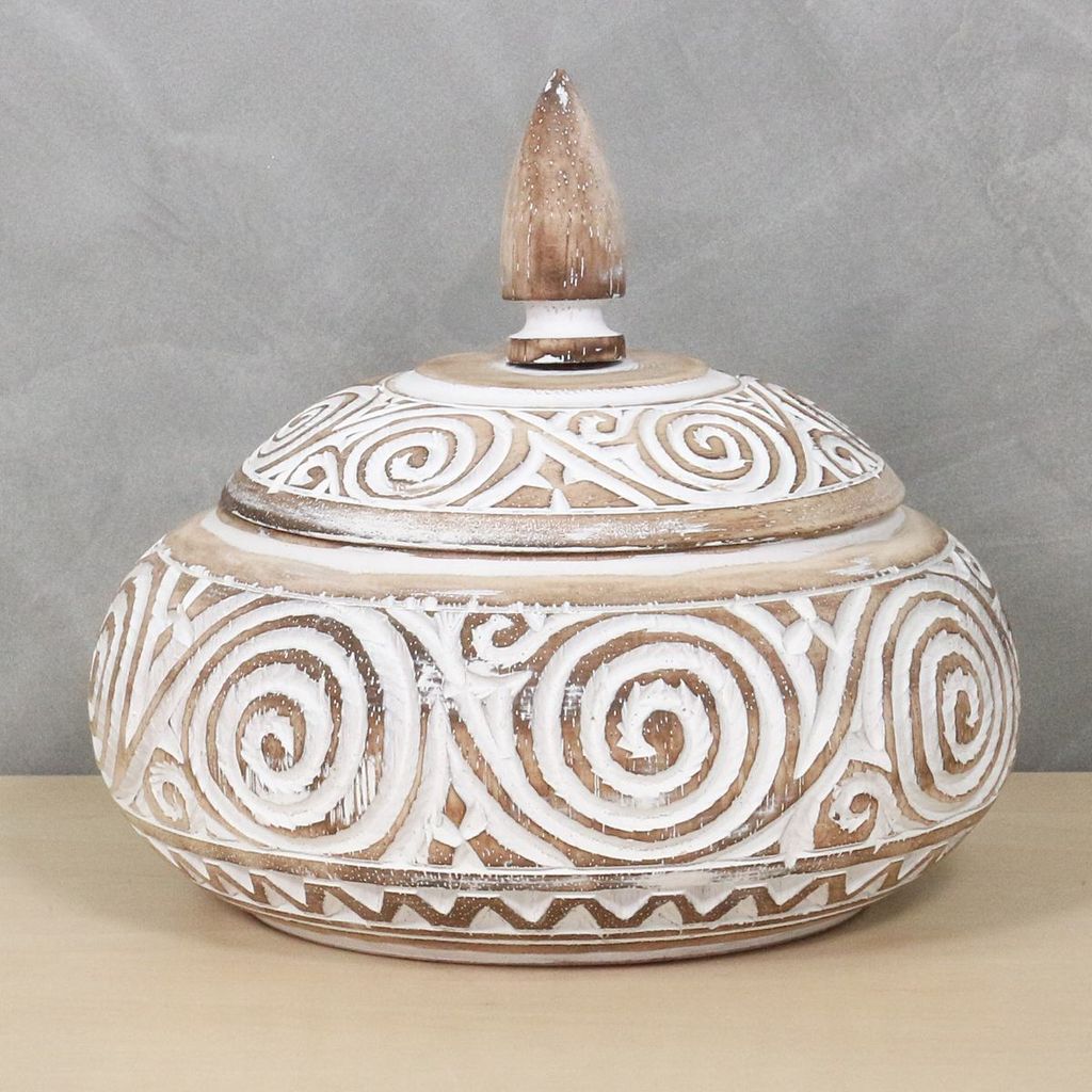 Schatulle Dose Schale mit Deckel Box Palmenholz Holzbox Schnitzereien Shabby Used Look Natur 20cm