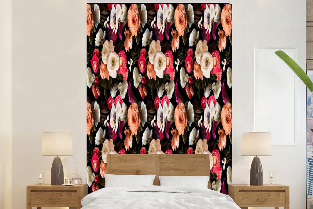 MuchoWow Fototapete für Wohnzimmer oder Schlafzimmer Wandtapete Vinyl Motivtapete Blumen - Farbe - Muster - 155x240 cm - Tapete