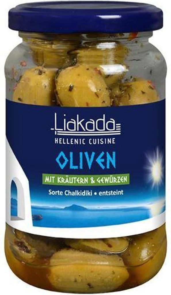 Liakada Grüne Oliven mit Kräutern & Gewürzen trocken eingelegt Sorte Chalkidiki entsteint 190 G Glas Vegan Glutenfrei Fruchtig, leicht bitter, w...