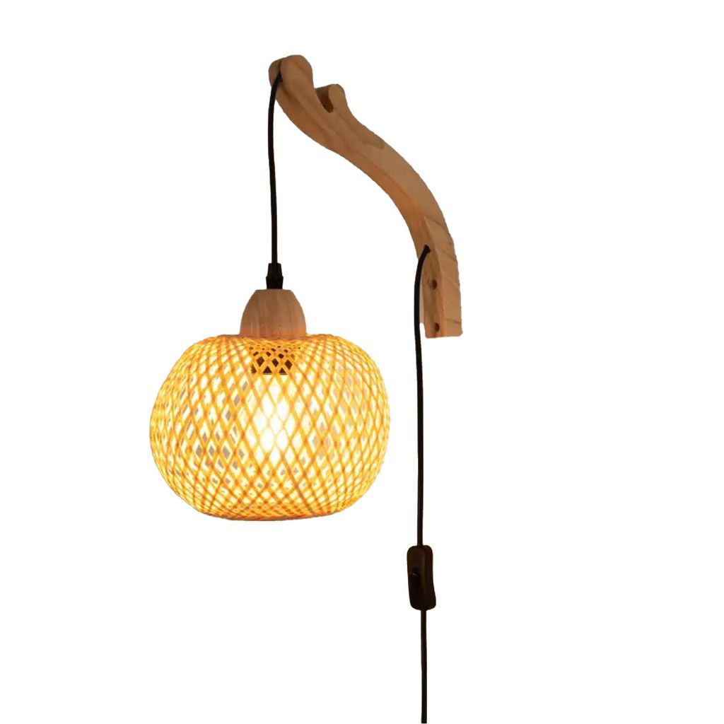 Wandleuchte aus Holz, runder Korbschirm mit Kabel, Schalter Produktbild 