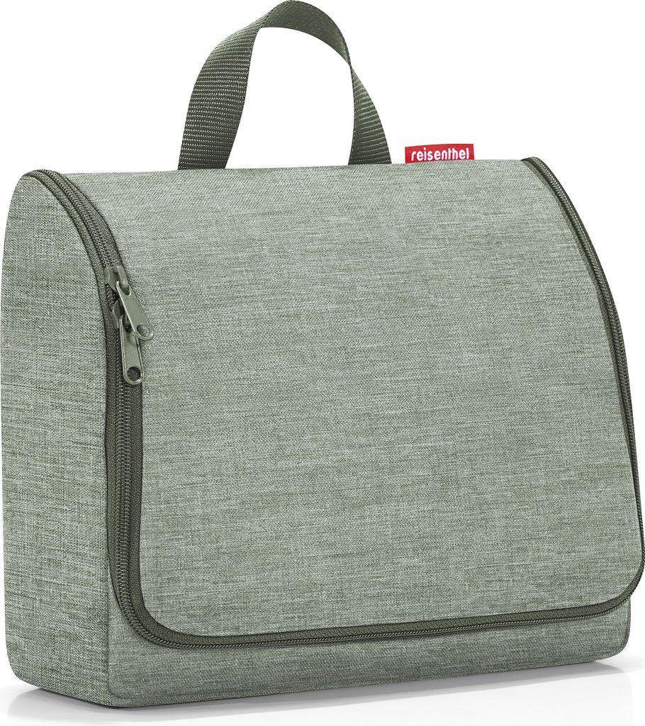 A light green toiletry bag with a gray zipper and handle, against a white background.
