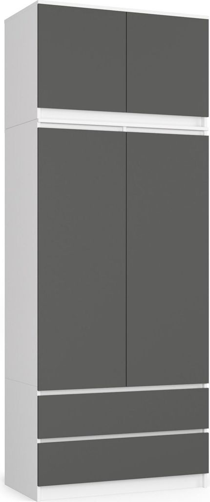 Kleiderschrank AKORD S90 mit Aufsatz Weiß 90 cm 2 Türen 2 Schubladen 6 Ebenen Front Graphitgrau B90 x H234 x T51 cm