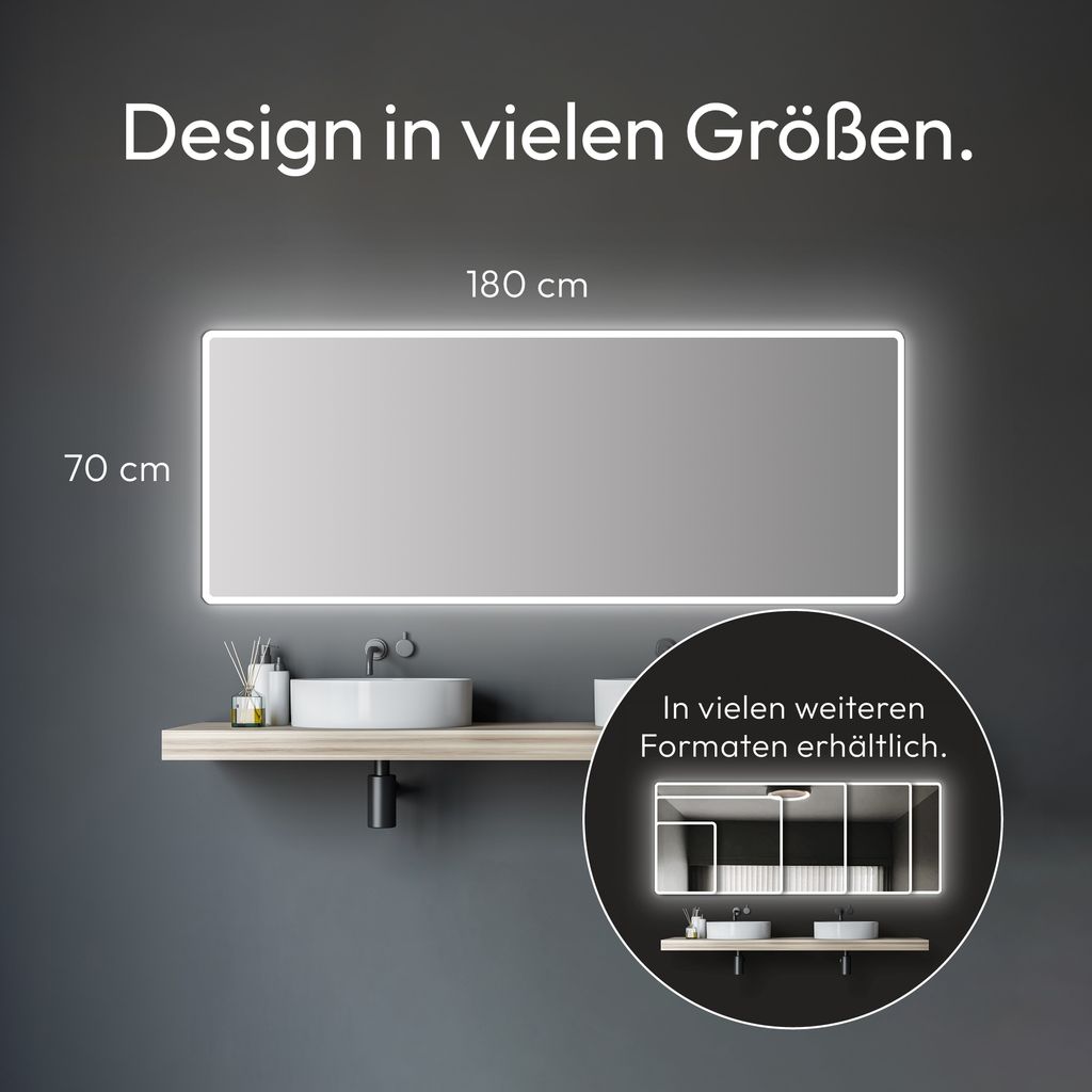 talos Badezimmerspiegel 180x70 cm, LED, Aluminiumrahmen, Produktbild 