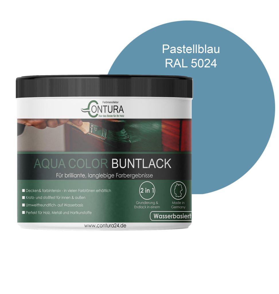 Contura 250ml. Buntlack Lackfarbe Lack Außen Innen Holz Metall Farbe Holzlack Möbellack - RAL 5024 Pastellblau