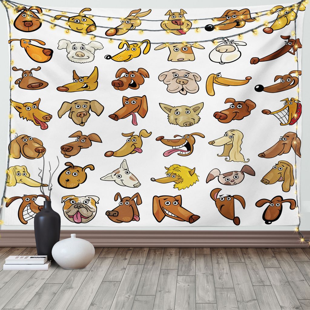 ABAKUHAUS Tier Wandteppich, Hundeköpfe Welpen Canin, Wohnzimmer Schlafzimmer Wandtuch Seidiges Satin Wandteppich, 150 x 100 cm, Schokolade Weiß Gelb