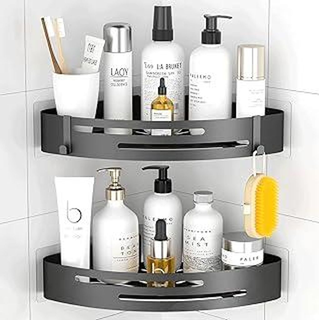 PNNP Duschablage Ohne Bohren Ecke: Duschregal Schwarz Matte 2 Stück - Badregal Mit 2 Haken, Badezimmer Organizer Rostfrei für dusche aufbewahrung...