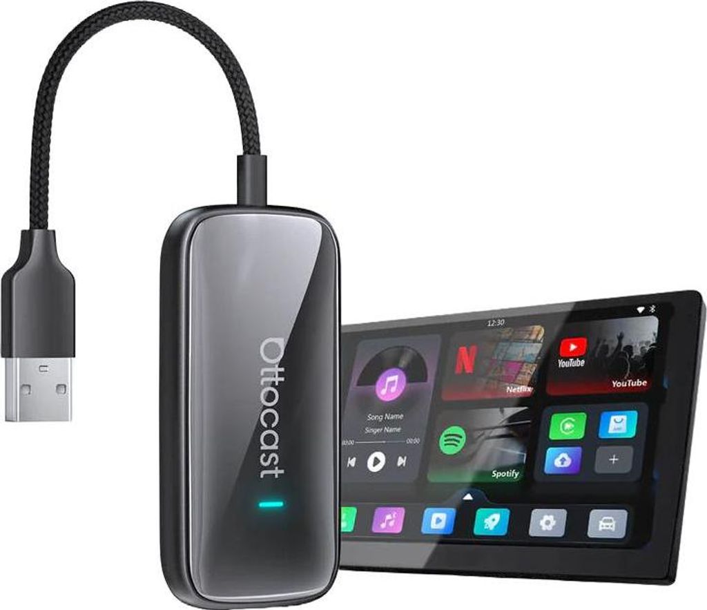 A car adapter and a car infotainment screen are shown.