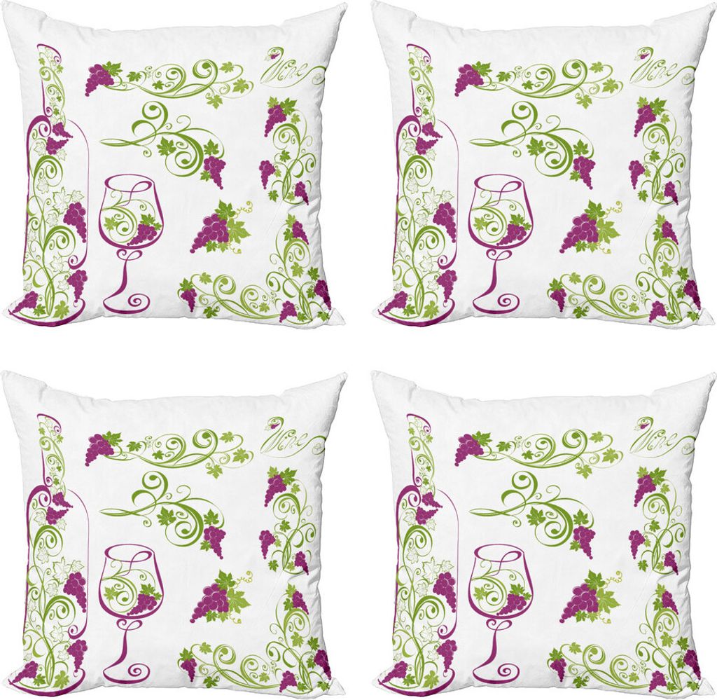 ABAKUHAUS Wein Kissenbezug Set (4 Stück), Flaschenglas Grapevines, Moderner Doppelseitiger Digitaldruck, 50 cm x 50 cm, Lila Lime Green White