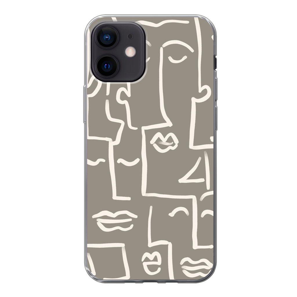 MuchoWow Handyhülle Schutzhülle Hülle für iPhone 12 Gesicht - Kopf - Strichzeichnung Silikon Softcase Handy Hülle - Schutzhülle