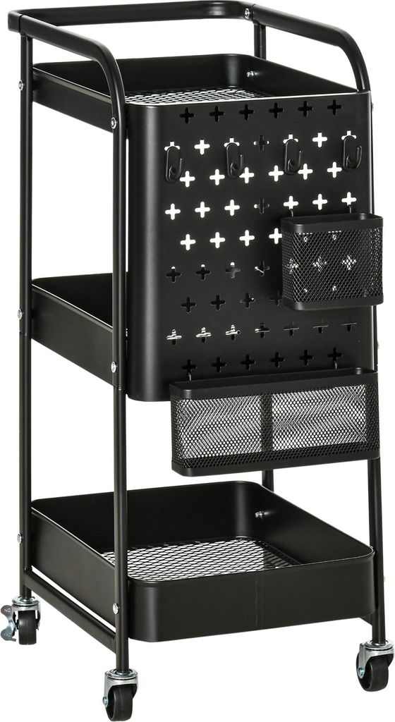 Küchentrolley mit Lochtafel, Handtuchhalter, Aufbewahrungskörbe, Schwarz