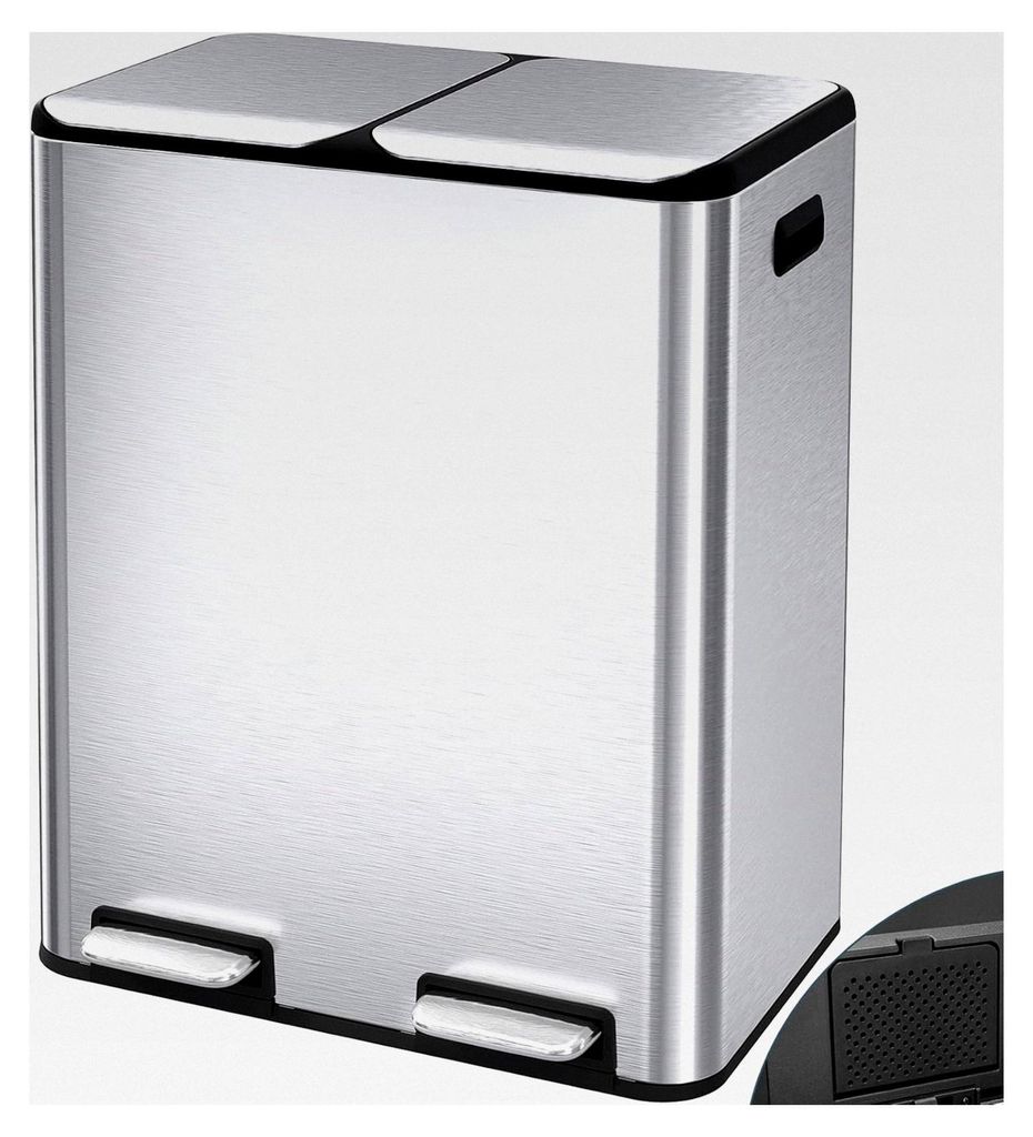 Mülleimer mit 2 Fächern, 2 x 30 Liter Treteimer mit Geruchsfilter, geräuschloser Deckel, Inneneimer aus Kunststoff, Mülltrennsystem, doppelter ...