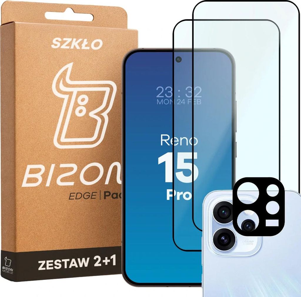 2x Gehärtetes Glas + Kameraschutz für Oppo Reno 15 Pro, Bizon Glass Edge Pack, Schwarz