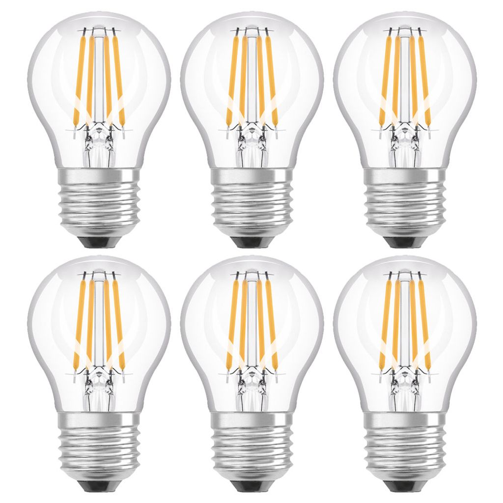 6 x Osram LED Filament Leuchtmittel P45 Tropfen 4W = 40W E27 klar 470lm Tageslicht 6500K kaltweiß