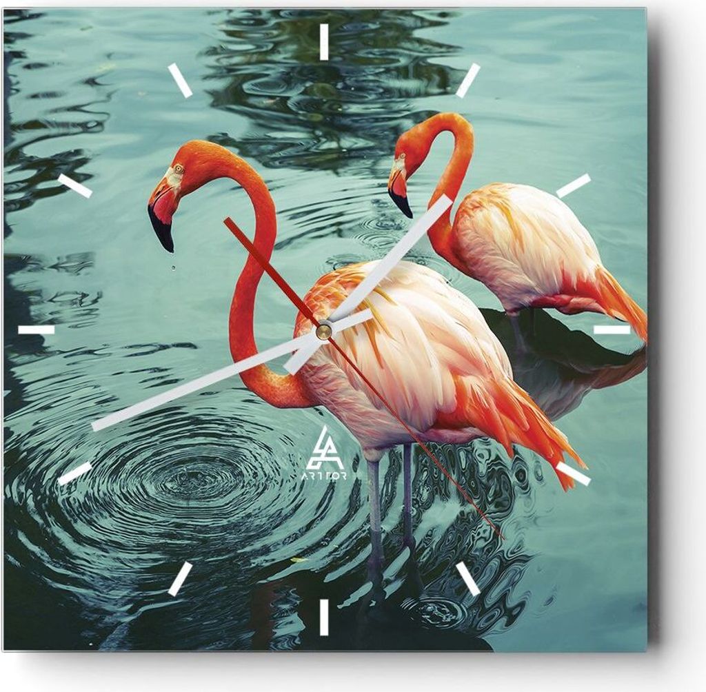 Wanduhr - Quadrat - Glasuhr - Rosa Flamingos Wasser - 40x40cm - Schleichendes Uhrwerk - Lautlos - zum Aufhängen bereit - Dekoration Modern - Wandd...