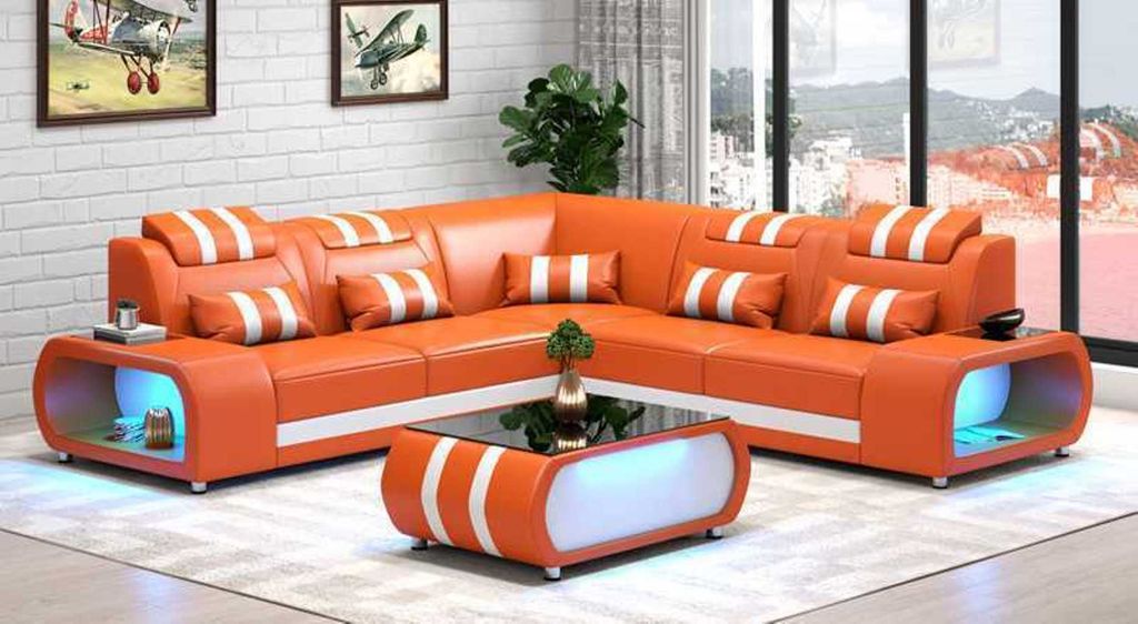 Ecksofa Ledersofa L Form Couch Sofa Orange Luxus Moderne Eckgarnitur LED