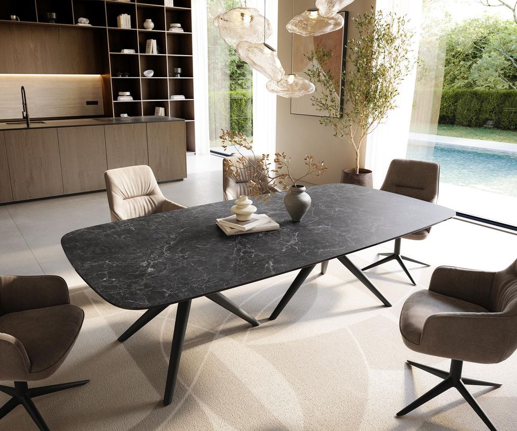 DELIFE Esstisch Edge Boot 240x120 cm Keramik Laminam Nero Greco Anthrazit Estelar rund Metall Schwarz