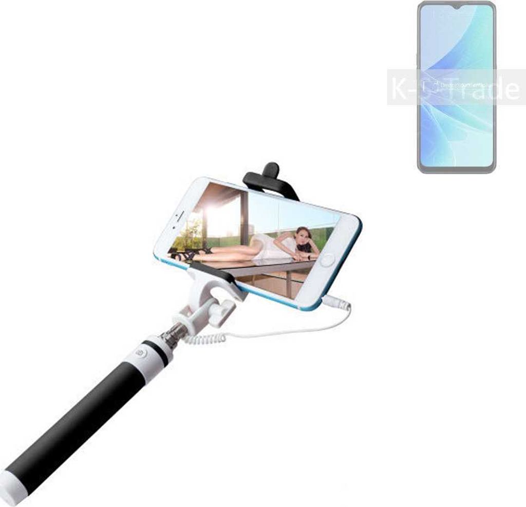 K-S-Trade Selfie Stick kompatibel mit Oppo A57 Selfiestick kabelgebunden Monopod mit Kabel Stab Stange Selfportrait Handheldstick schwarz 1x
