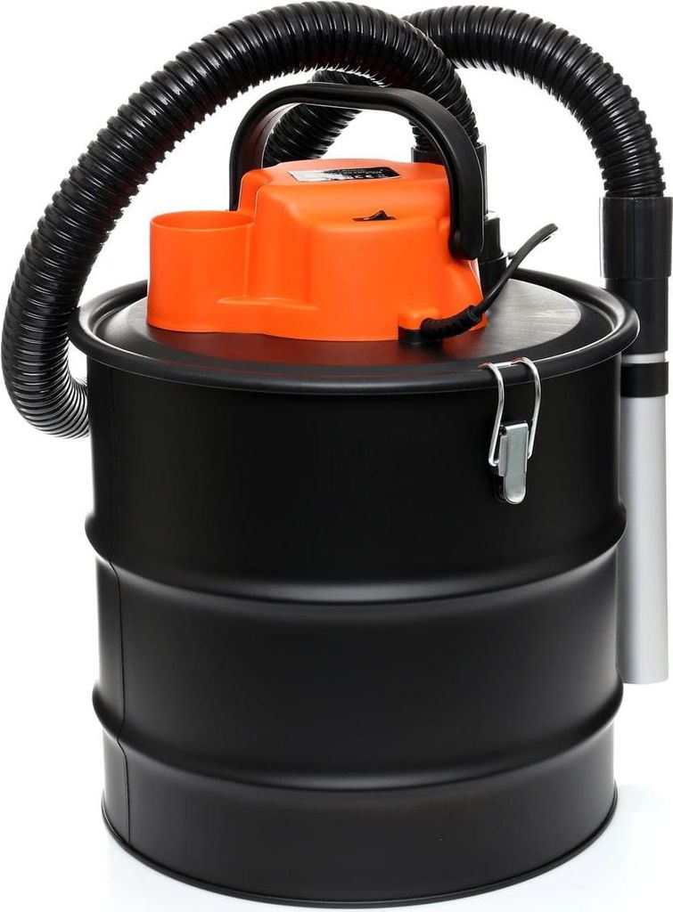 A close-up studio shot of a black drum-style ash vacuum cleaner with an orange top and black hoses.