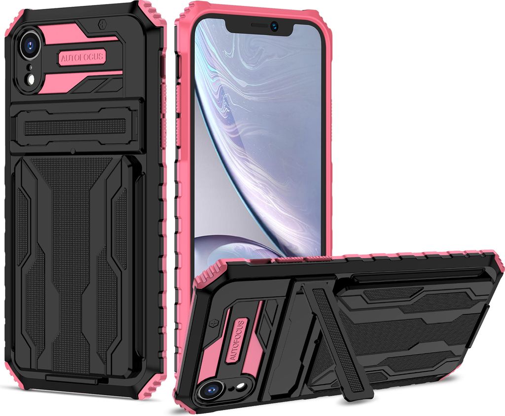 iPhone XR Hülle, Hybrid Robust Schutz Stoßfest Schutzhülle mit Kartenhalter Ständer für iPhone XR Rosa
