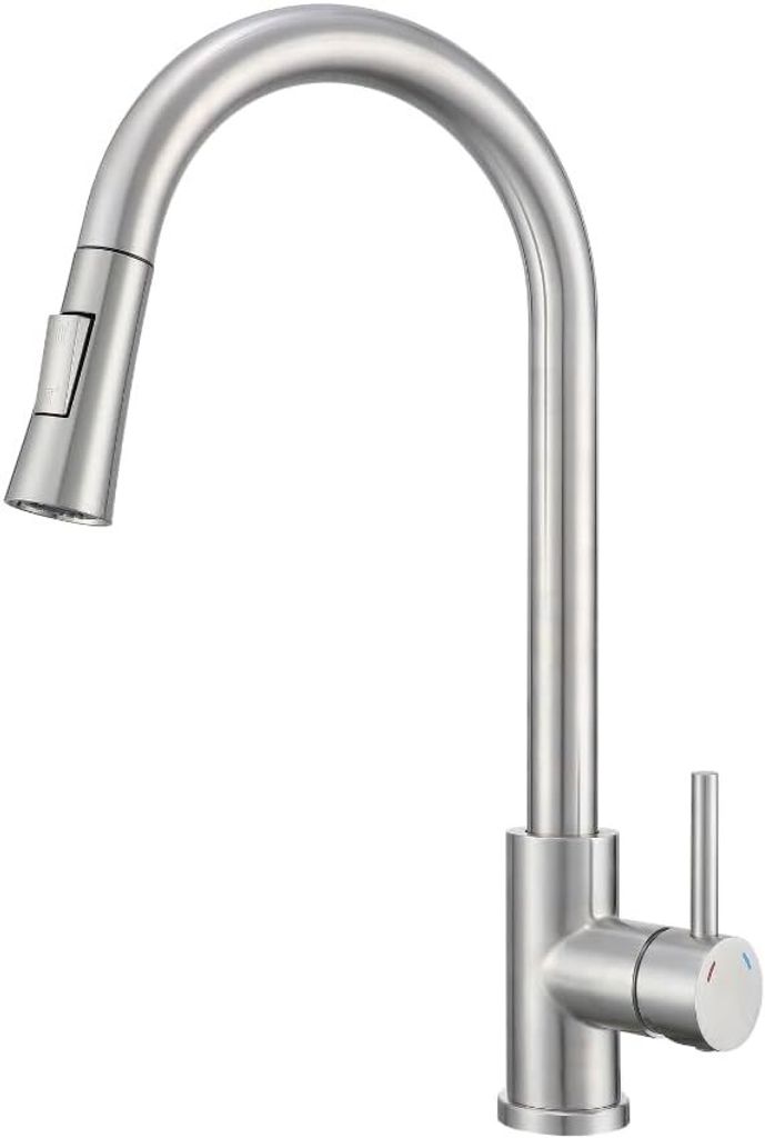 A stainless steel kitchen faucet with a pull-out spout.