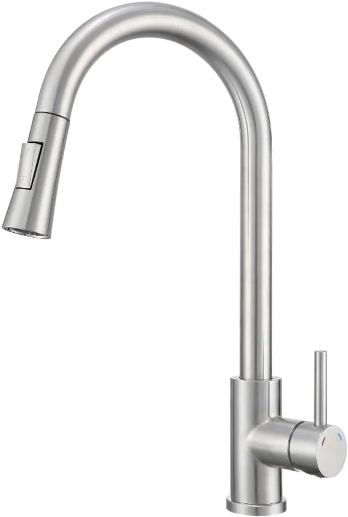Rubinetto da cucina VBChome in acciaio inossidabile spazzolato con bocca estraibile, girevole a 360°, con pulsante per selezionare i tipi di getto – rubinetto moderno per lavello
