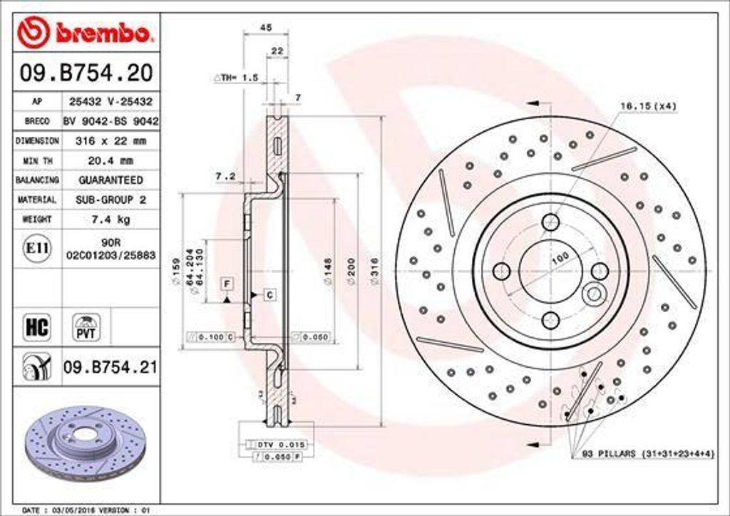 BREMBO 09.B754.21 Bremsscheibe OE 34116784371 kompatibel mit Mini Roadster, Mini, Clubman