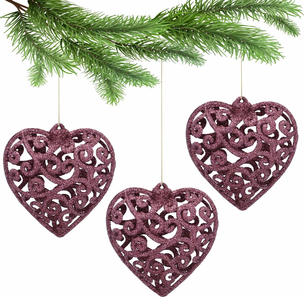 Maroon Herz Christbaumkugeln, durchbrochenes Kugelset, Christbaumschmuck 10,5 cm, 3 Stück