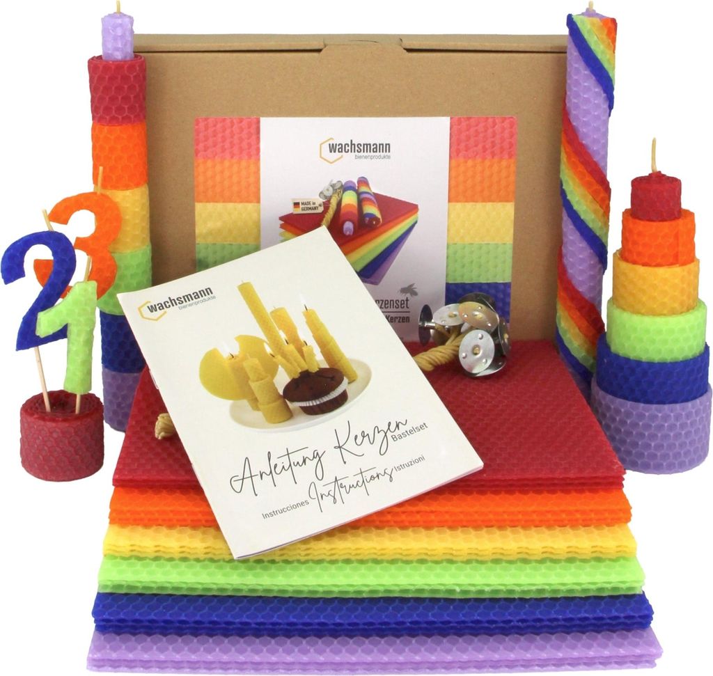 Kerzen Bastelset Rainbow – 18 farbige Bienenwachsplatten in Regenbogenfarben mit Hanfdochten