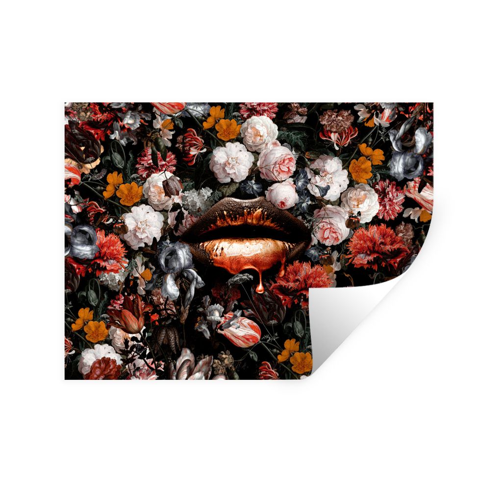 MuchoWow Wandtattoo Wandsticker Wandaufkleber Lippen - Blumen - Farbe - Orange - Kunst - Abstrakt - Alte Meister 120x90 cm Selbstklebend und Repo...