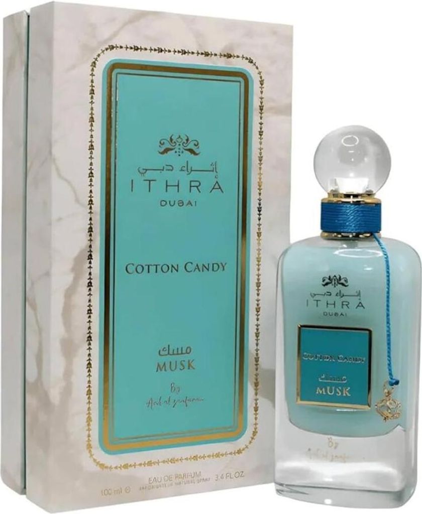 A perfume bottle and its packaging are displayed against a white background.