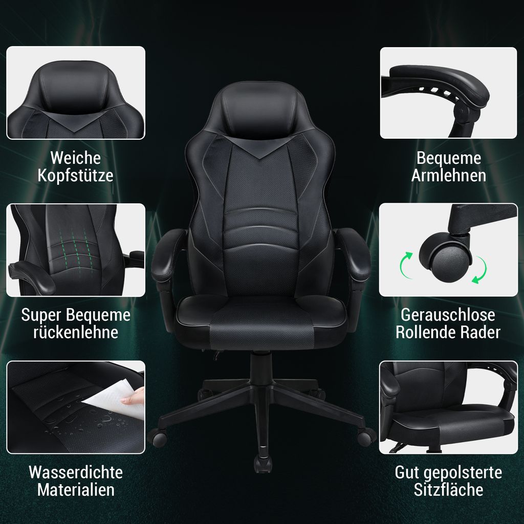 Bürostuhl HWC-F84, Schreibtischstuhl Gamingstuhl Chefsessel Drehstuhl, Kunstleder ~ schwarz Bürostuhl HWC-F84, Schreibtischstuhl Gamingstuhl Chefsessel Drehstuhl, Kunstleder ~ schwarz