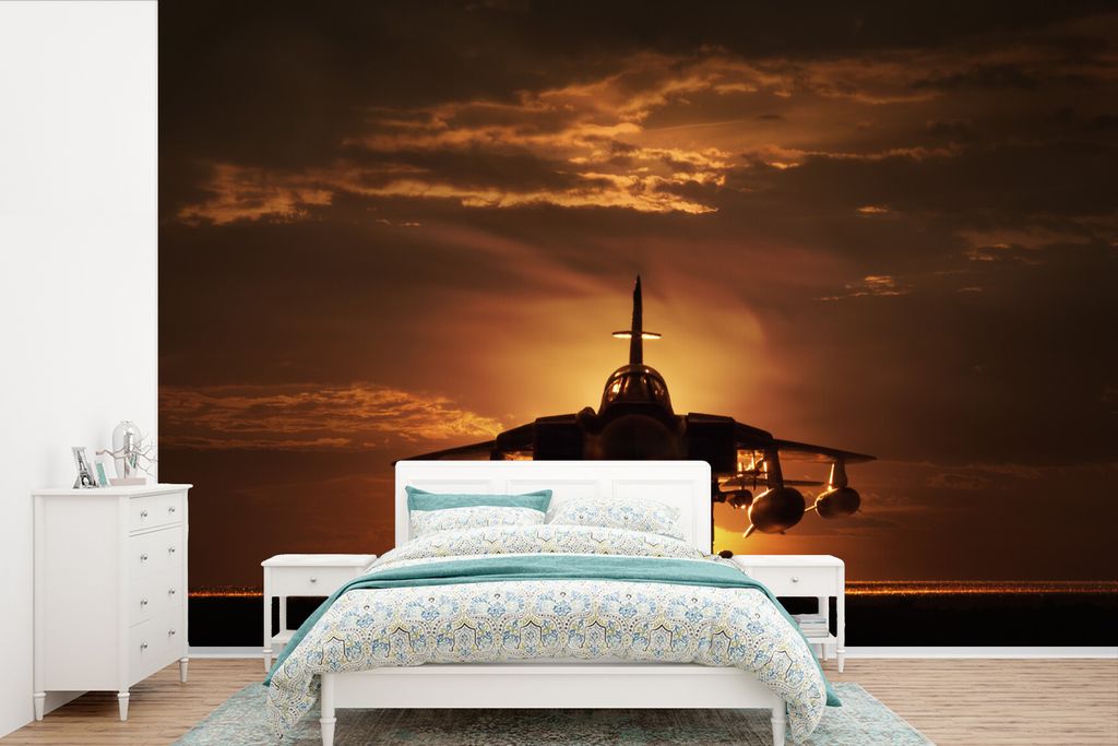 MuchoWow Fototapete für Wohnzimmer oder Schlafzimmer Wandtapete Vinyl Motivtapete Die Silhouette eines Kampfjets bei Sonnenuntergang - 600x400 c...