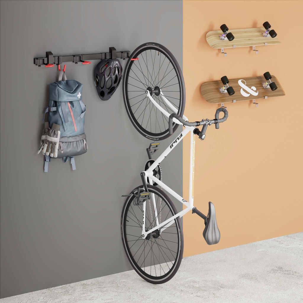 Support Mural Pour 2 Vélos Wiltec - Hauteur 200 Cm - Charge Max 90 Kg - Bras Réglables - Peu Encombrant