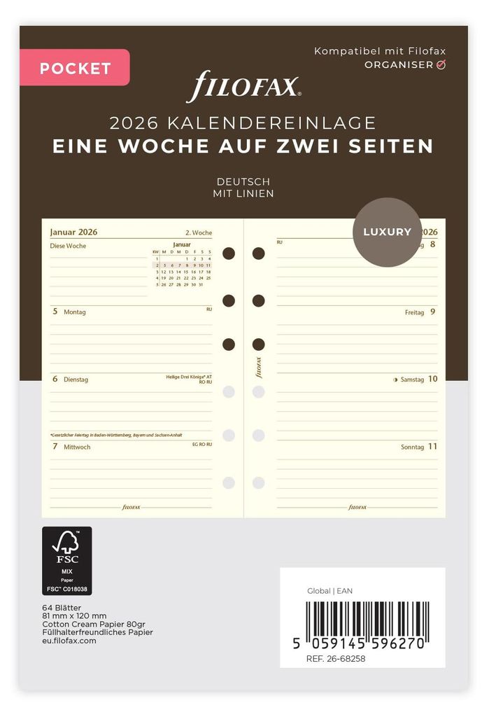 FILOFAX Calendario 2026 - Tasca - 1 settimana = 2 pagine - Immagine del prodotto 