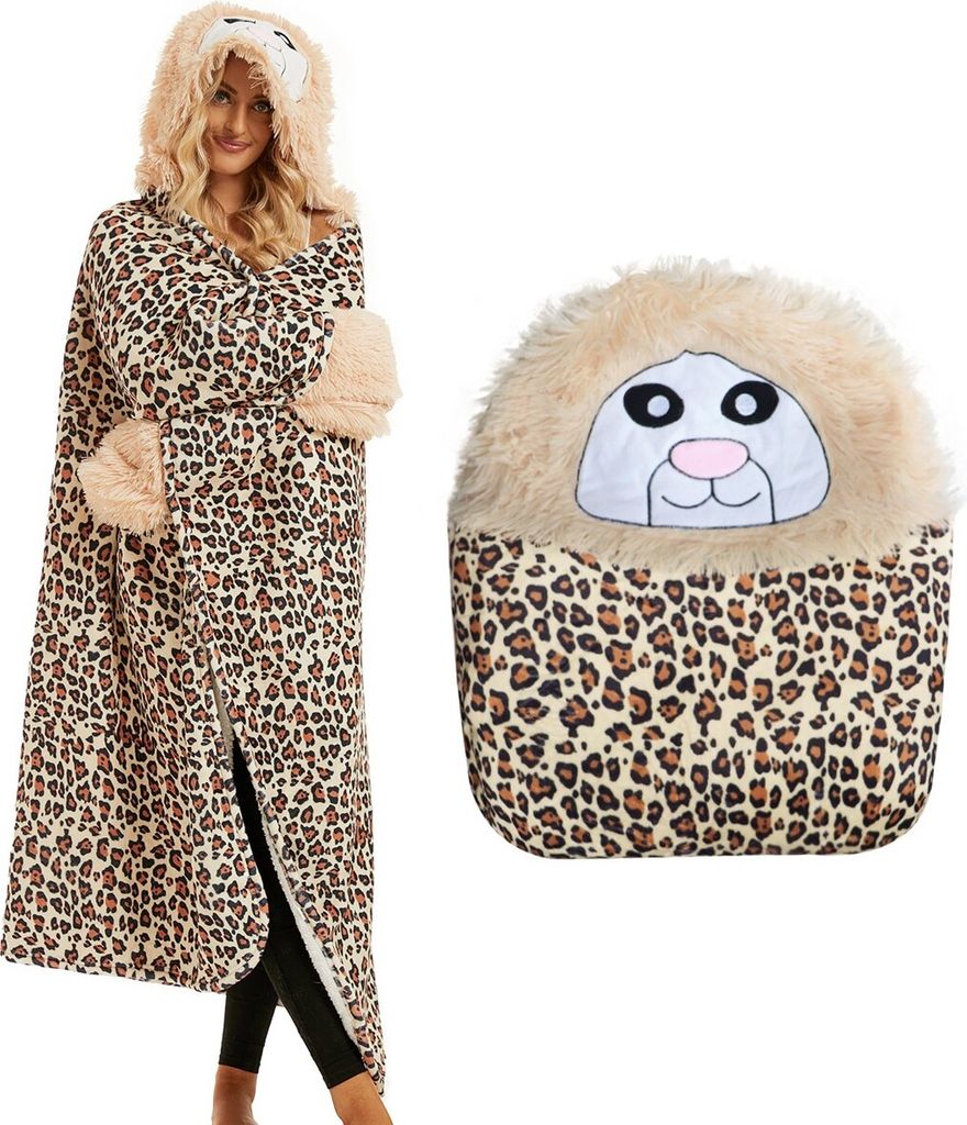 ASKSA Kuscheldecke Faultier fuer Frauen Sofadecke Decke Flauschig Decke mit Hut und Handschuhen,Braun,147 x 119 cm