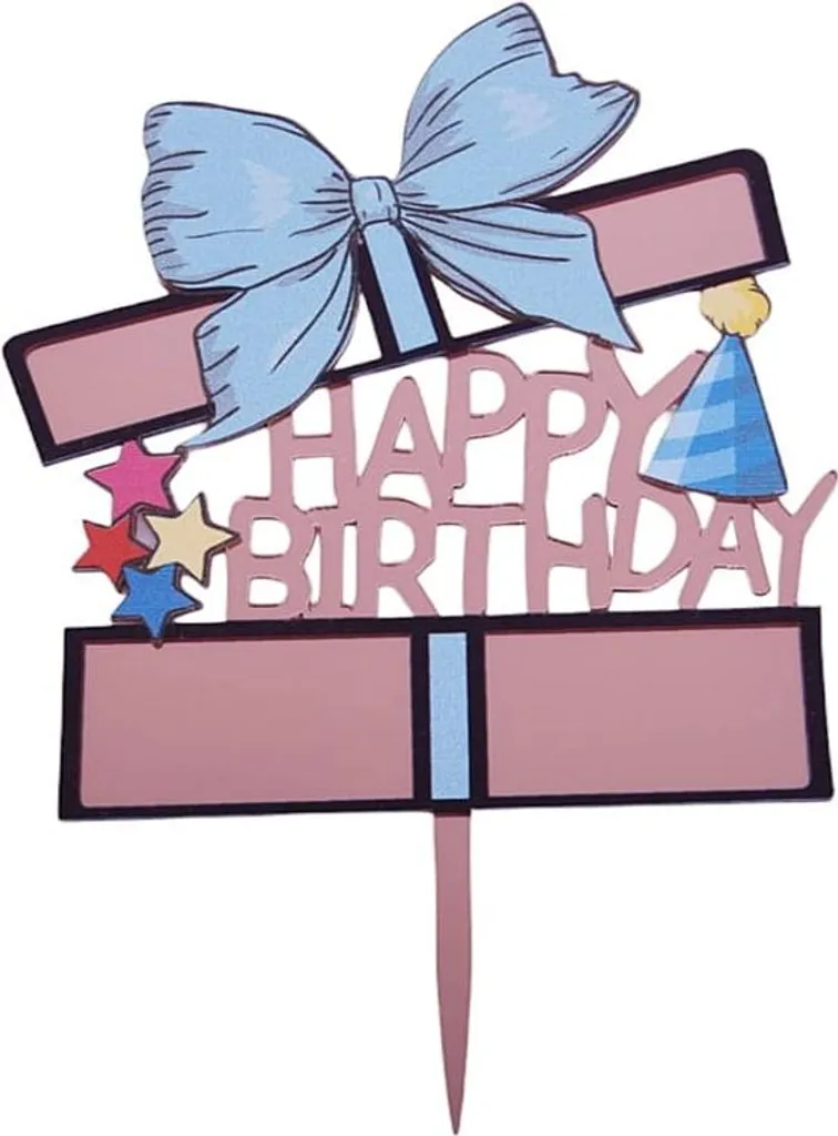 Décor Happy Birthday bicolore rose or bleu en acrylique avec nœud