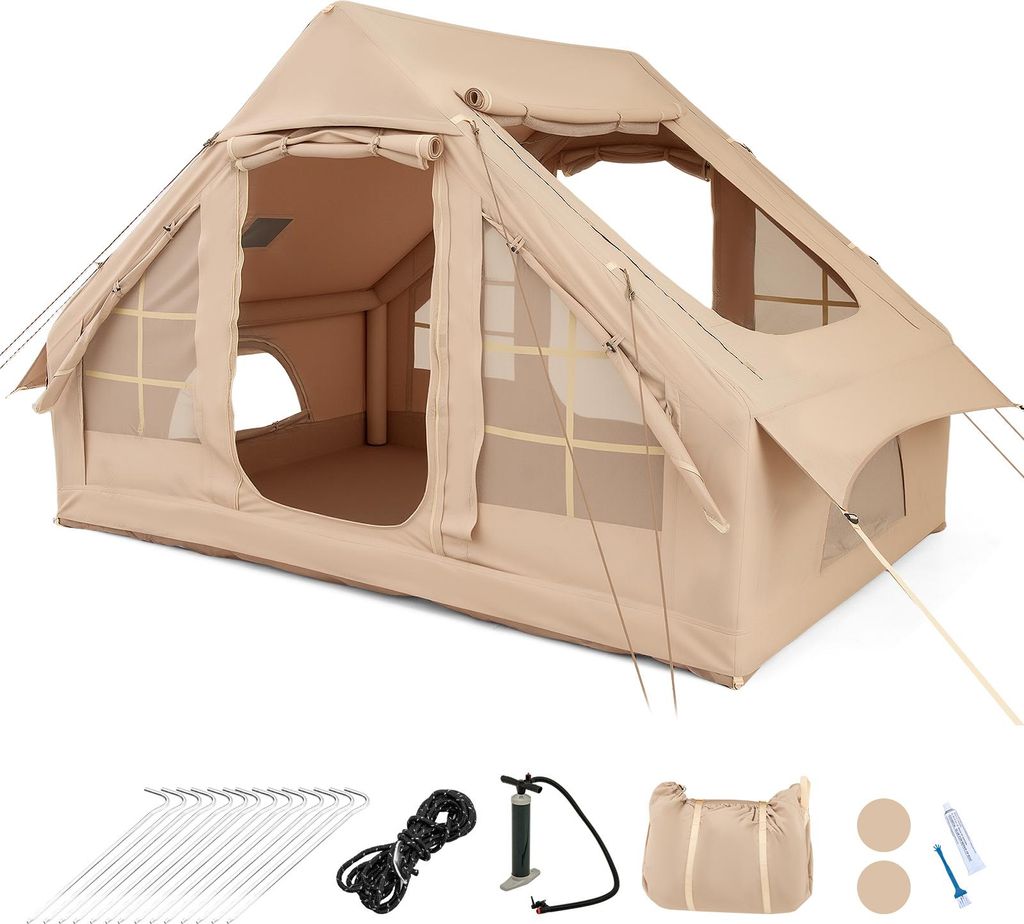 COSTWAY Aufblasbares Zelt 4-6 Personen, Camping Zelt mit 4 Netz-Fenstern, 2 Türen, Dachfenster, Tragetasche & Pumpe, Luftzelt 300x210x197cm