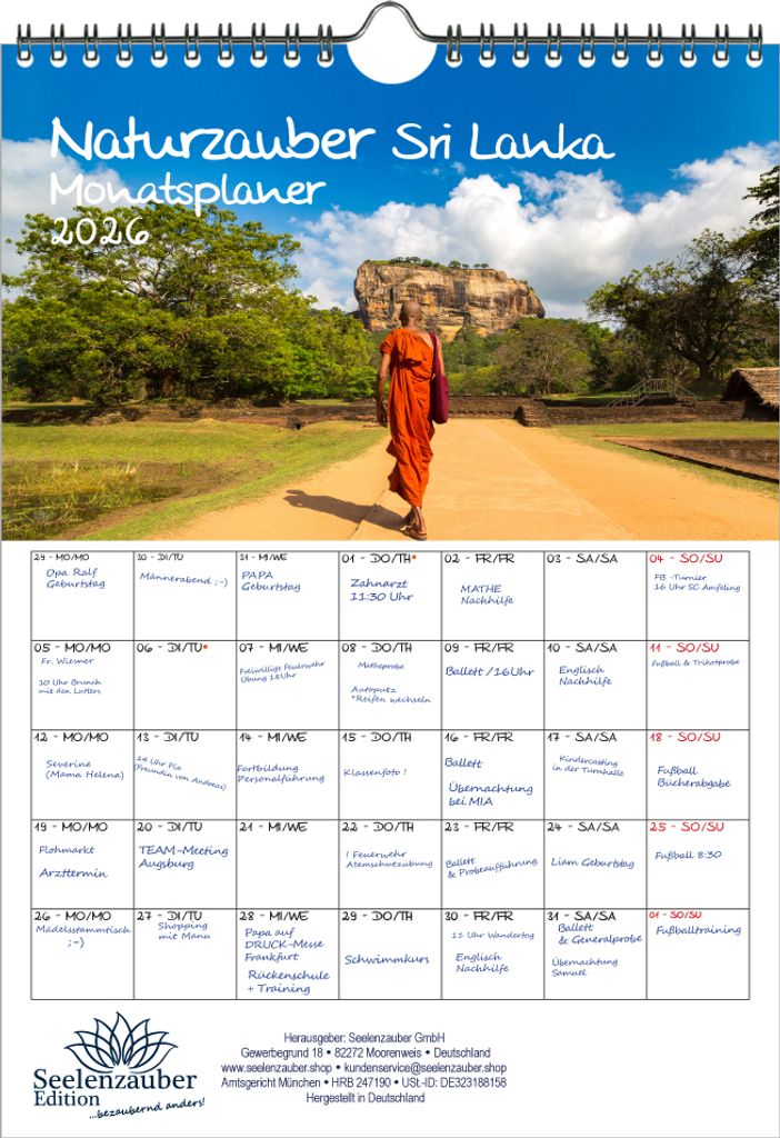 Naturzauber Sri Lanka Planer DIN A4 Kalender für 2026 Landschaft Natur Land Urlaub Strand - Seelenzauber