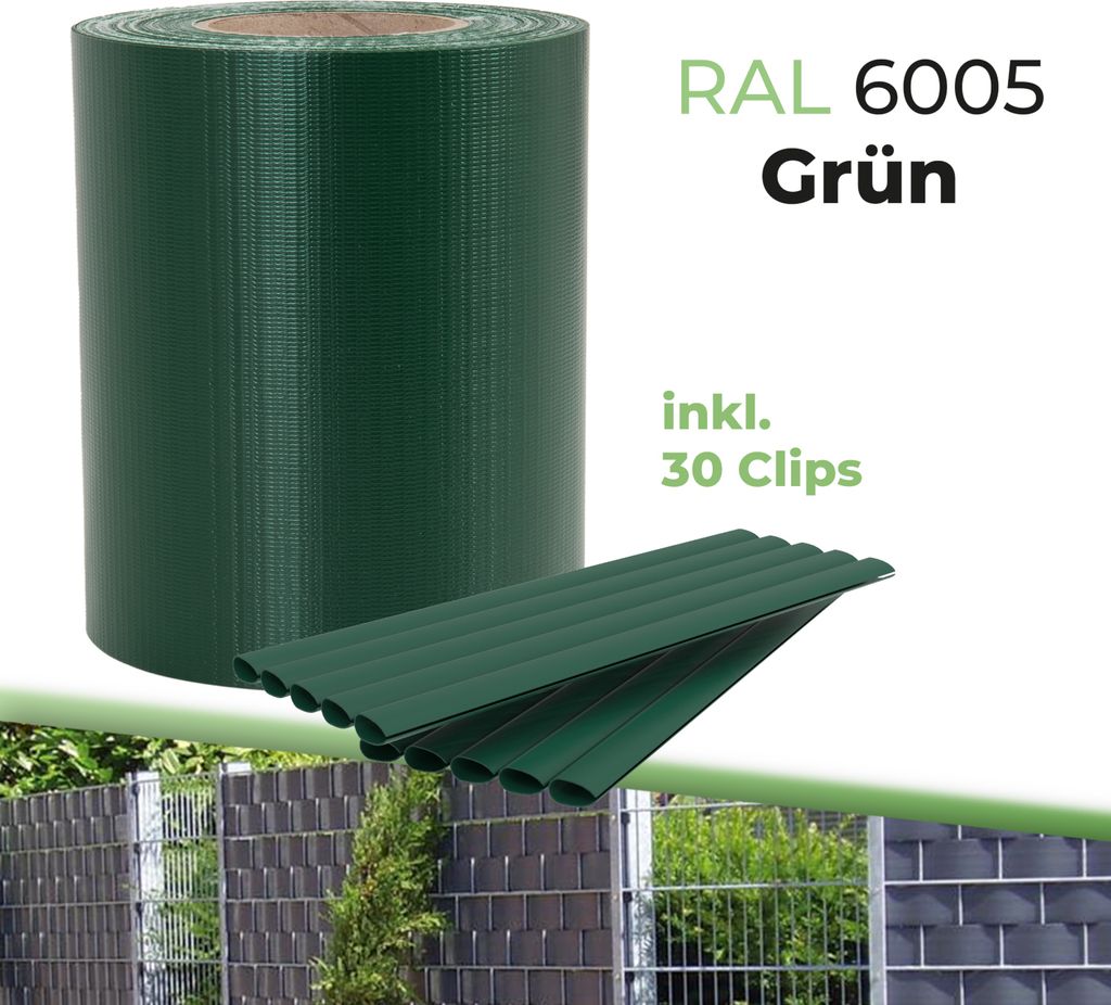 PVC Sichtschutzstreifen für Doppelstabmatten Blickdicht | Doppelstabmattenzaun Sichtschutz | 30 Befestigungsclips | 35m x 19 cm | Zaunfolie Windsc...