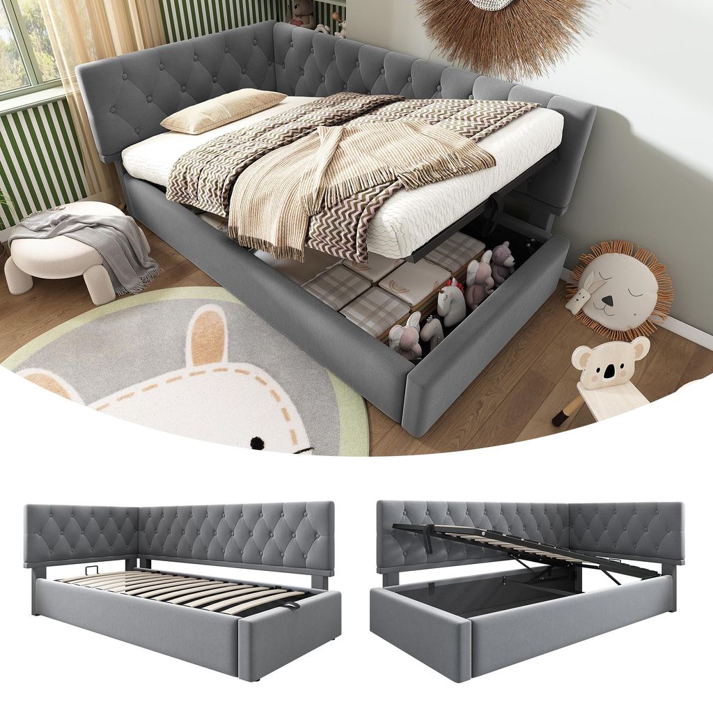 Polsterbett Tagesbett Daybett 90x190cm, Schlafsofa mit hydraulischem Stauraum, Kinderbett Jugendbett Bettgestell mit Lattenrost aus Holz, Samt, Gra...